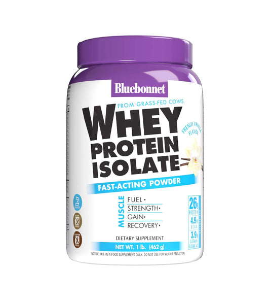 BlueBonnet grass-fed whey isolate canister shows 26 g protein per serving for recovery