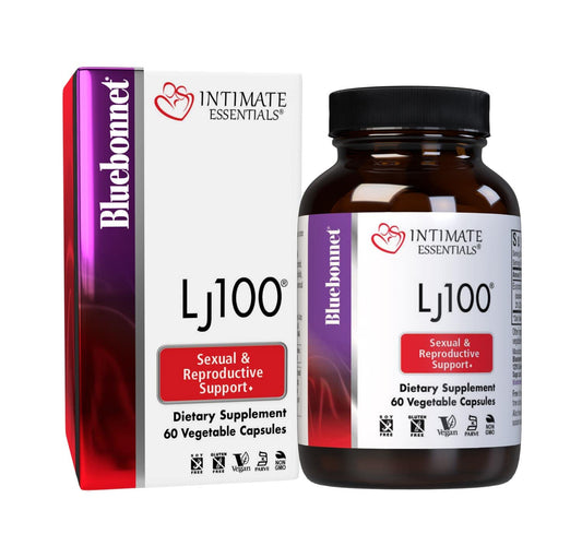 BlueBonnet Intimate Essentials LJ100 bottle and capsules for daily vitality.