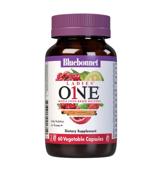 BlueBonnet Ladies One capsule bottle shows organic vegetable blend for daily energy.