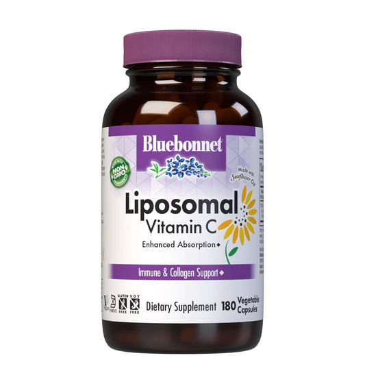 BlueBonnet Liposomal Vitamin C bottle and capsules on kitchen counter for immune support