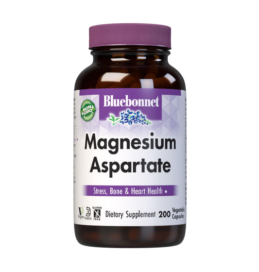 Bluebonnet Magnesium Aspartate bottle with capsules, supports daily mineral balance