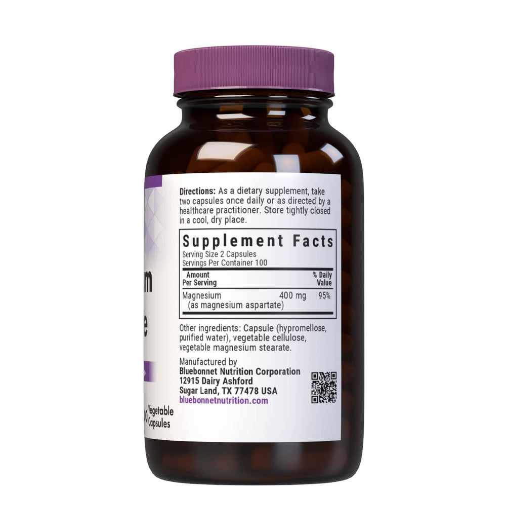 Bluebonnet Magnesium Aspartate capsules close-up, promoting energy production and enzyme function