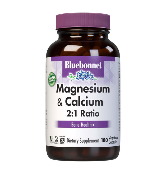 BlueBonnet Magnesium & Calcium 2:1 ratio bottle highlighting bone-support formula for daily use.
