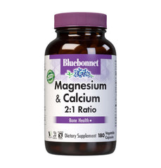 BlueBonnet Magnesium & Calcium 2:1 ratio bottle highlighting bone-support formula for daily use.