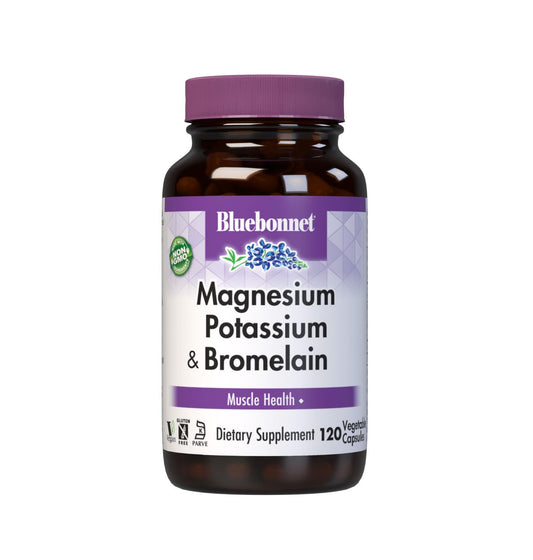 BlueBonnet magnesium potassium bromelain bottle may help support muscle health in daily routine.