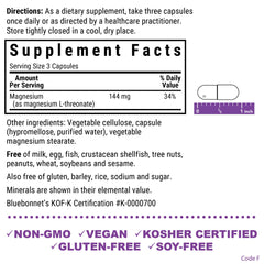 BlueBonnet Magtein bottle back shows vegan non-GMO features