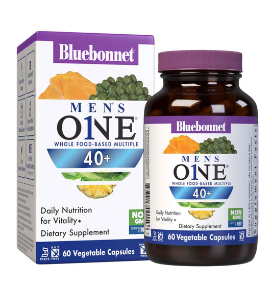 BlueBonnet Men's ONE 40+ bottle shows easy-to-swallow capsules for daily support.