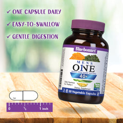 BlueBonnet Men's ONE 40+ bottle illustrates organic whole food blend for nutrient richness.