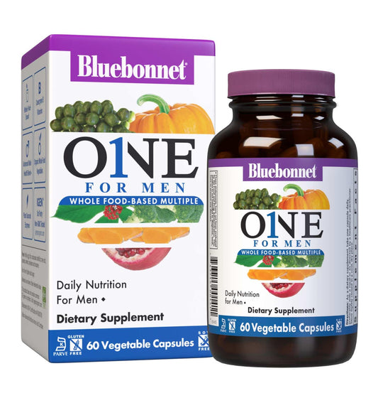 Bluebonnet Men's One Vegetable Capsule bottle highlighting energy and vitality.