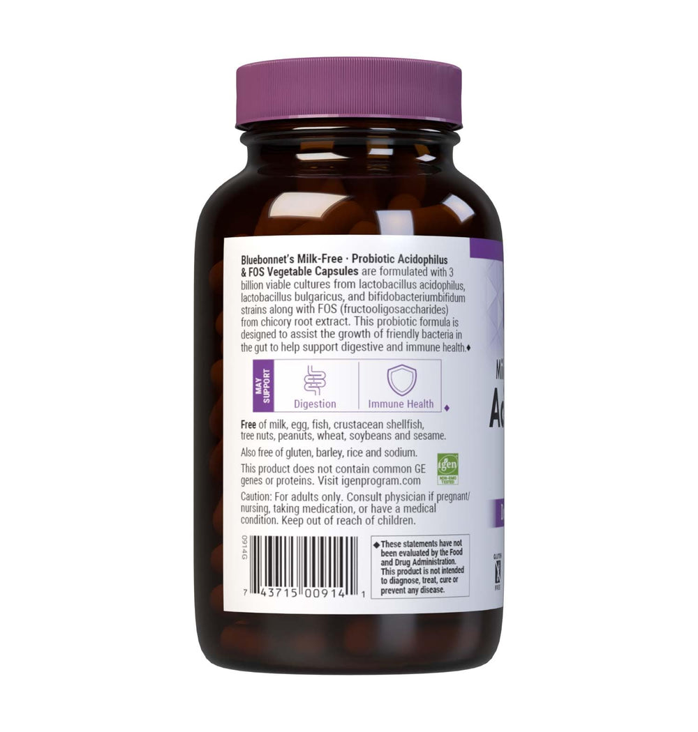 BlueBonnet Milk-Free Probiotic label close-up with allergen-free features.
