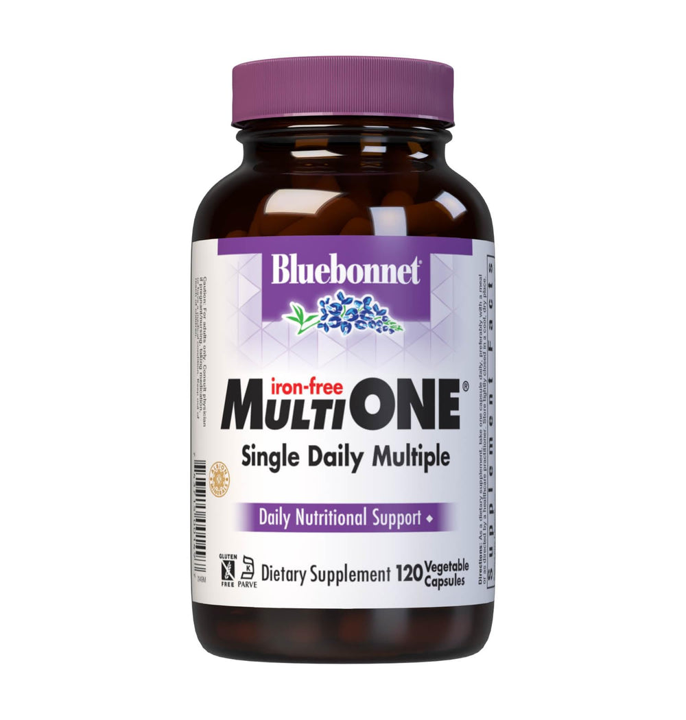 Bluebonnet Multi One Iron Free vegetable capsules bottle front for daily wellness.