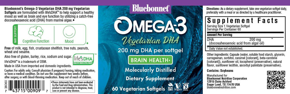 Bluebonnet Omega-3 softgels close-up highlighting vegan DHA in a convenient capsule