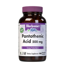 Bluebonnet Pantothenic Acid 500 mg bottle front view highlighting the product for energy metabolism.