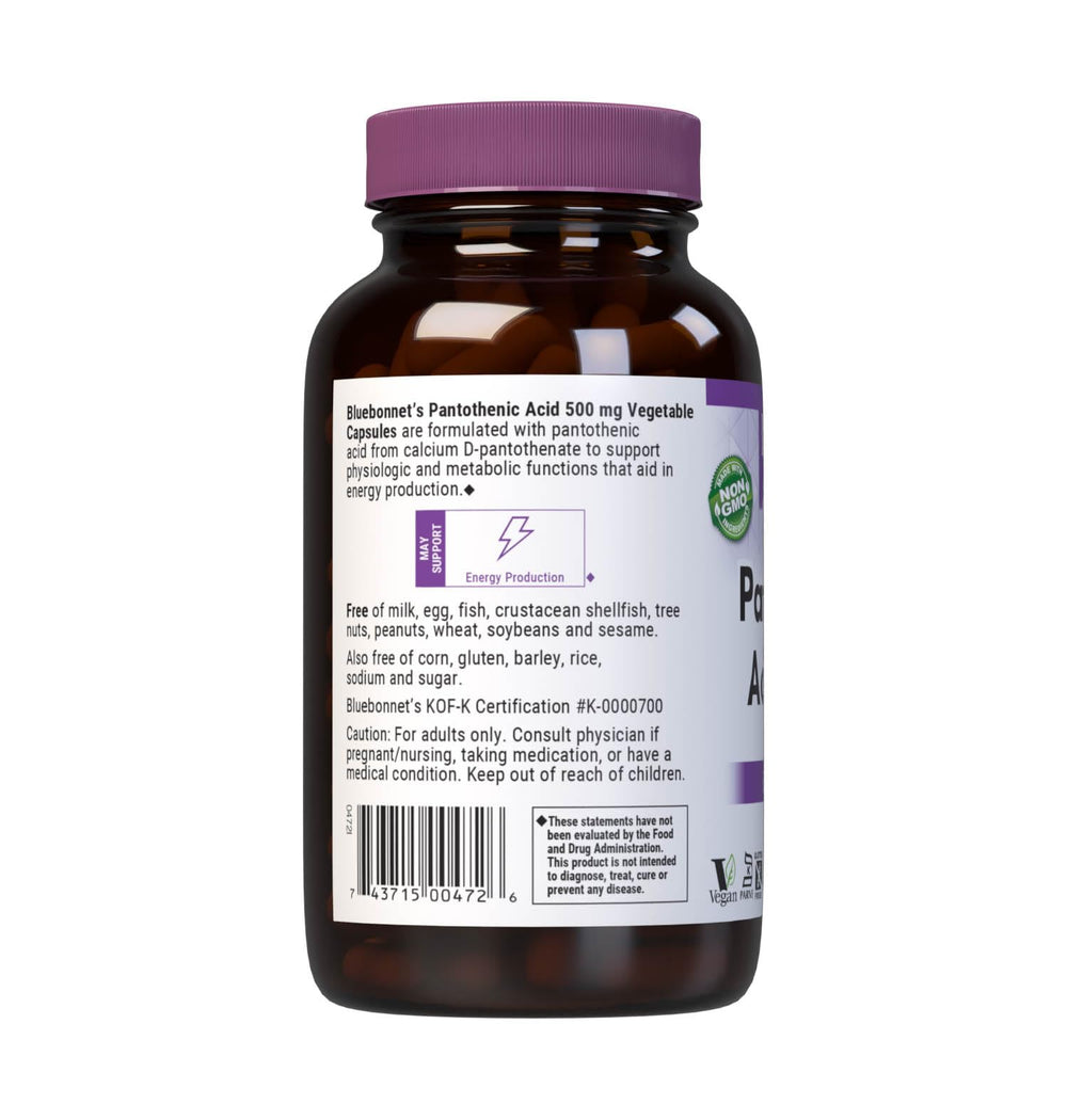 Bluebonnet Pantothenic Acid nutrition label panel emphasizing allergen-free features.