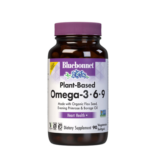 BlueBonnet Plant-Based Omega 3-6-9 softgels bottle showing product packaging and potential daily use benefits