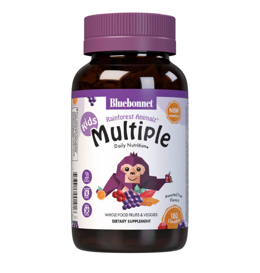 BlueBonnet Rainforest Animalz kids multivitamin chewables in bottle for daily wellness.