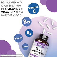 Bluebonnet Stress B-Complex capsules close-up emphasizing vegan ingredients.