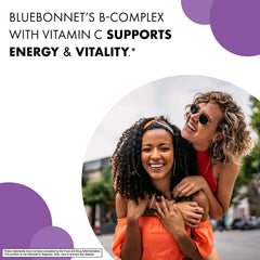 Bluebonnet Stress B-Complex vegan capsules indicating allergen free formula.