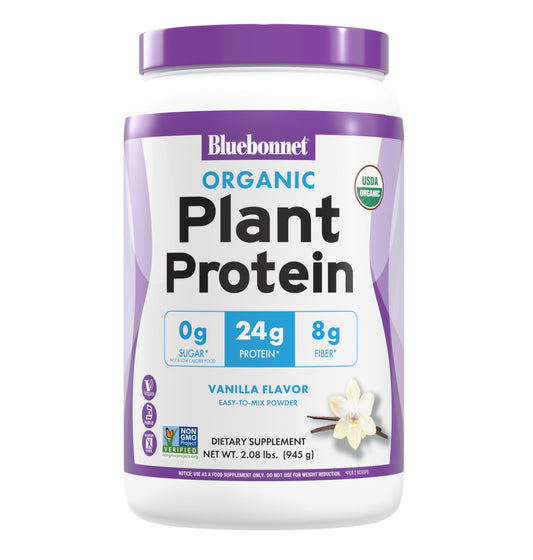 BlueBonnet vanilla plant protein powder bottle, USDA Organic certified for clean, plant-based nutrition.
