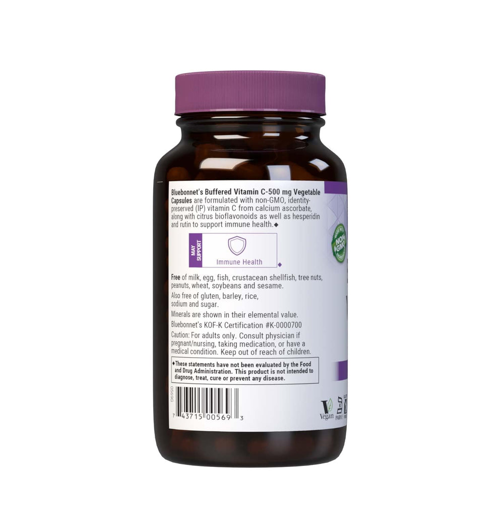 BlueBonnet vitamin C label highlights vegan, non-GMO, and kosher certifications.