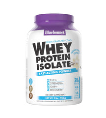 BlueBonnet whey protein isolate container showing high protein per serving