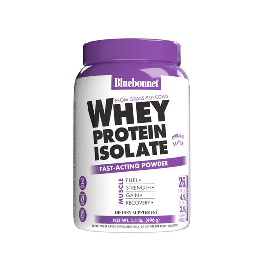 BlueBonnet Whey Protein Isolate grass-fed tub supports lean muscle.