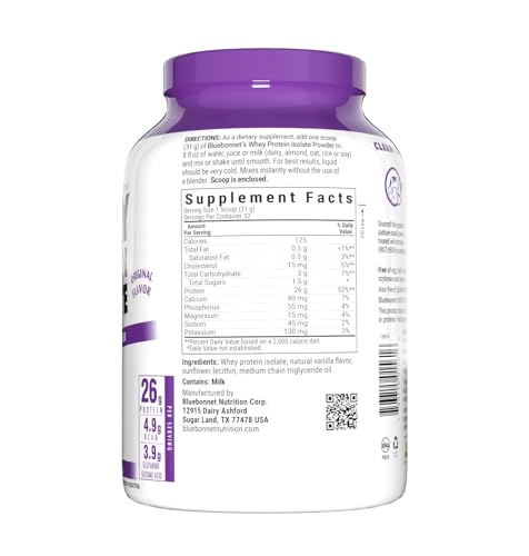 Bluebonnet Whey Protein Isolate with scoop for quick fueling.