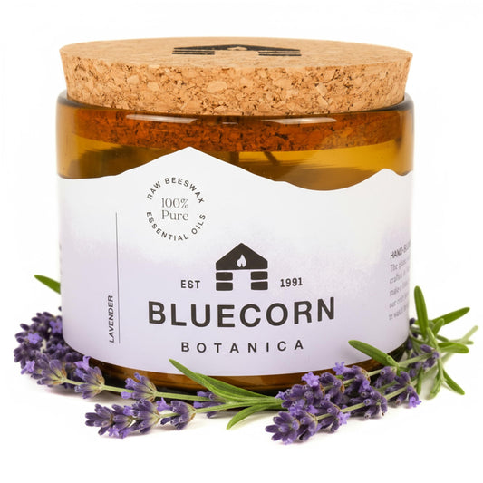 Bluecorn Beeswax 3-wick candle in amber glass for clean, long-lasting glow.