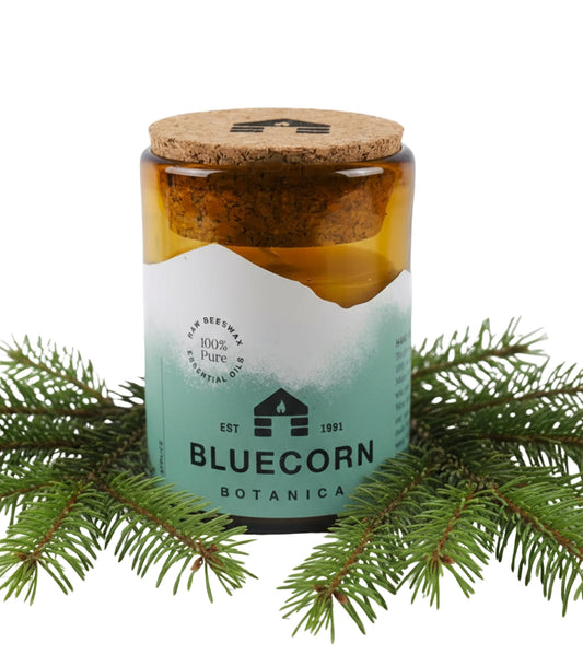 Bluecorn Beeswax Candle in blown glass holder with warm natural glow