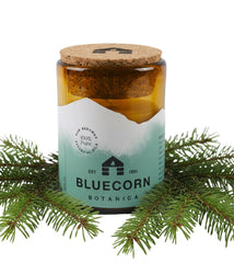 Bluecorn Beeswax Candle in blown glass holder with warm natural glow