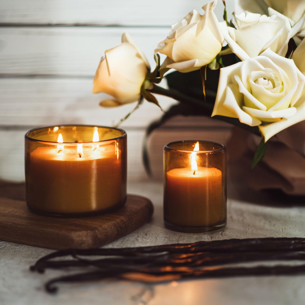 Bluecorn amber glass vessel supports reusable decor and long-lasting light