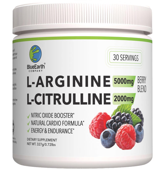 BlueEarth Berry Blend powder bottle highlights L-Arginine and L-Citrulline for circulation.