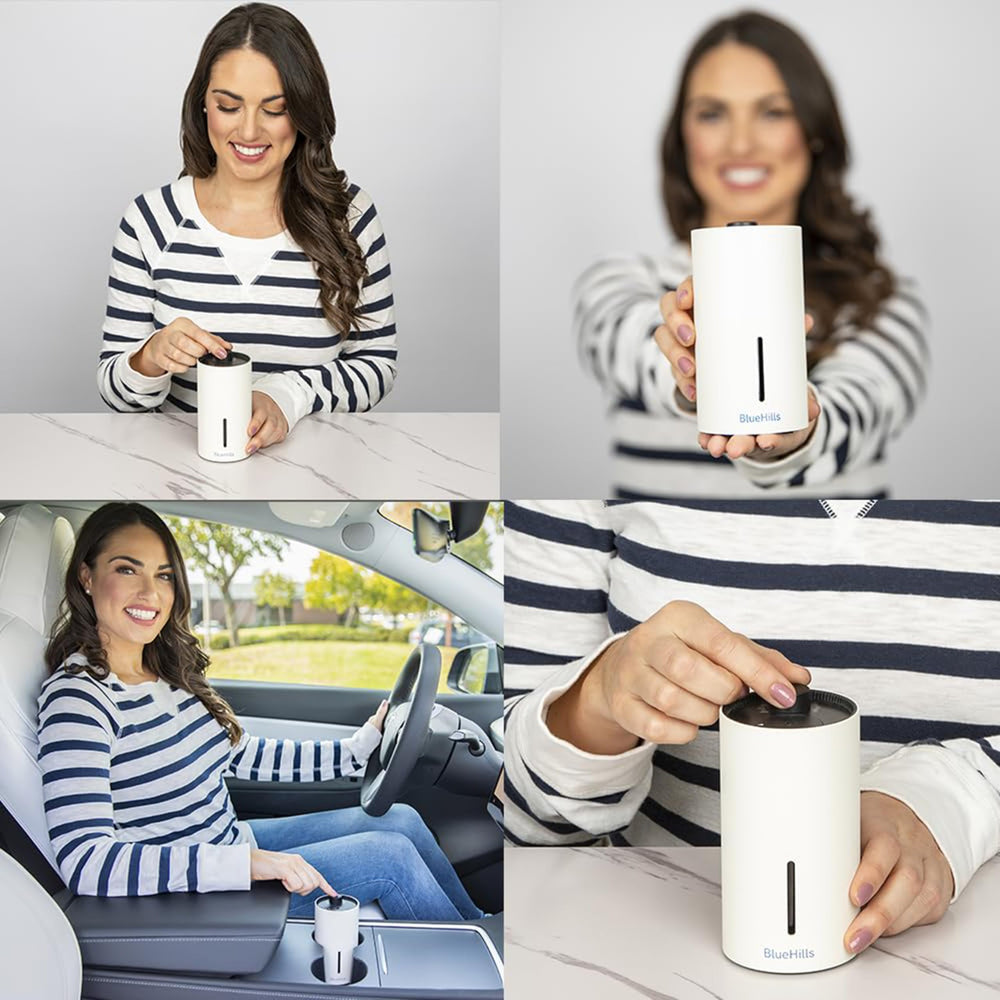 BlueHills diffuser white side view showcasing compact cordless design for small spaces