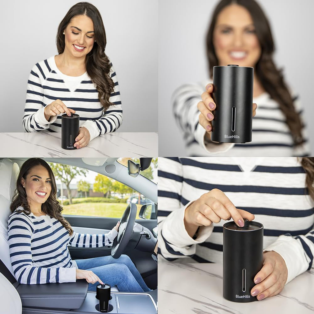 BlueHills nebulizing car diffuser delivering scent in vehicle without water