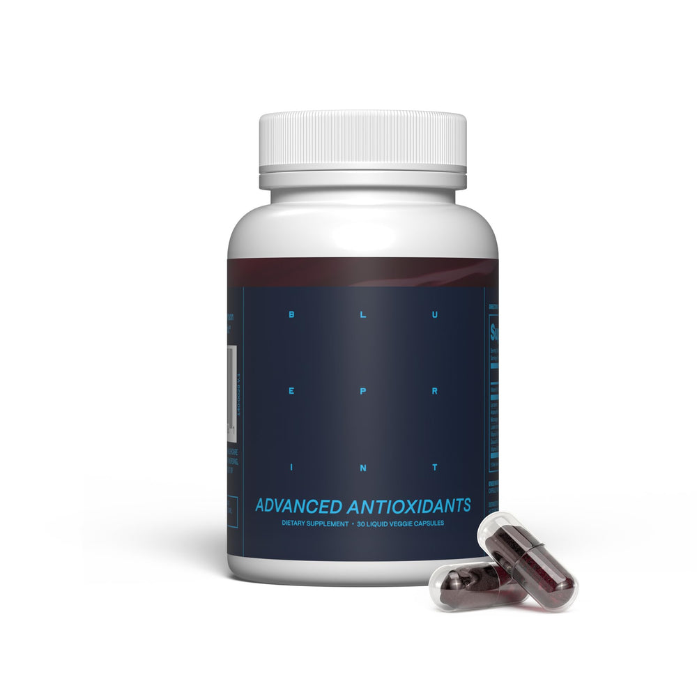 Blueprint Bryan Johnson Advanced Antioxidant softgels bottle showcasing vegan formula for daily wellness