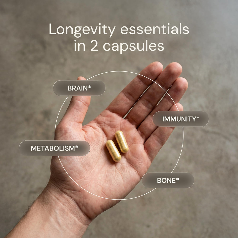 Blueprint Bryan Johnson Essential Capsules packaging highlighting vegan, clean-label formula.