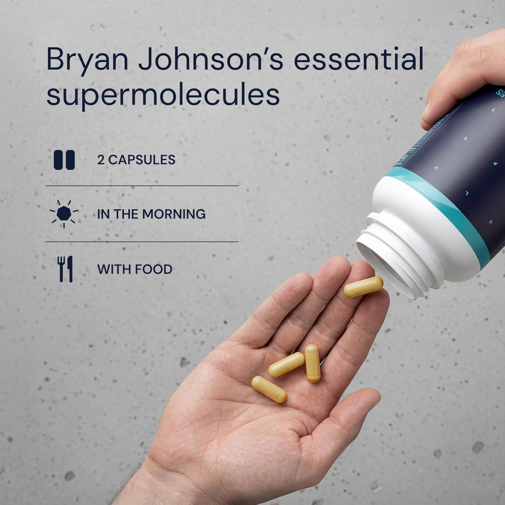 Blueprint Bryan Johnson Essential Capsules bottle with vegan seal signals quality and transparency.