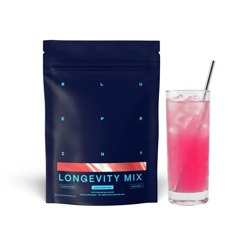 Blueprint Bryan Johnson Longevity Mix bottle pour showing convenient daily use and energy support