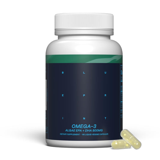 Blueprint Bryan Johnson Omega-3 bottle front with vegan algae capsules for brain and heart support