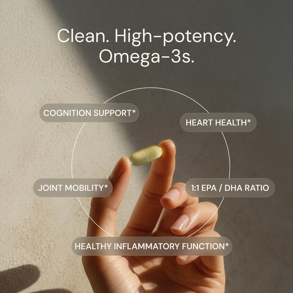 Blueprint Bryan Johnson Omega-3 bottle label highlights balanced EPA/DHA in a 1:1 ratio