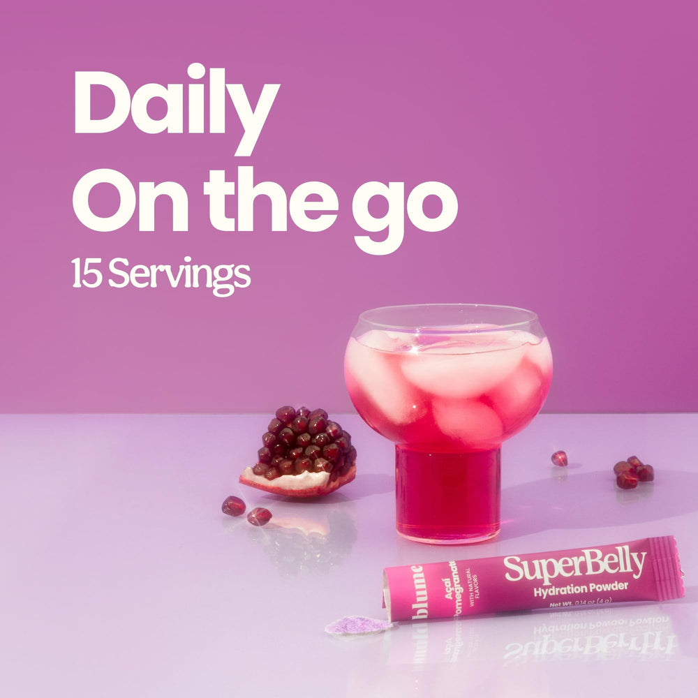Blume SuperBelly acai-pomegranate flavor brochure highlights tangy-sweet taste.