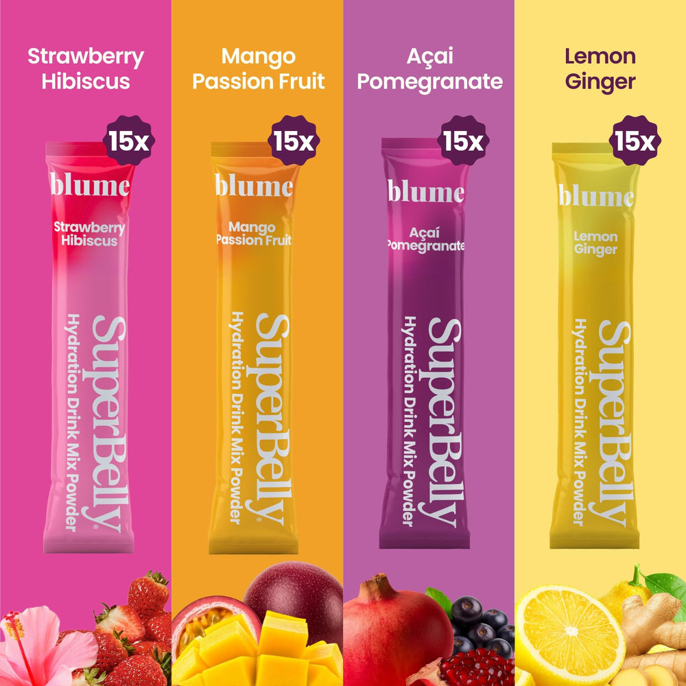 Blume SuperBelly mango passion fruit packet offers tropical refreshment with zero sugar.
