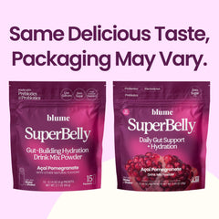 Blume SuperBelly on-the-go usage shows portable packets for travel.