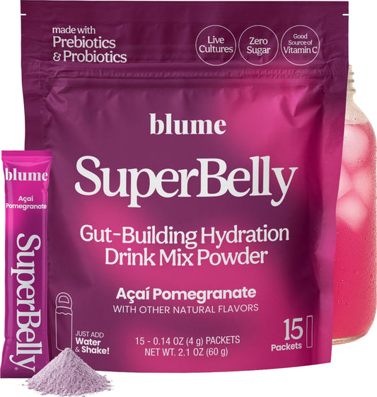 Blume SuperBelly packaging on display with gluten-free, vegan, and Canada-made features.