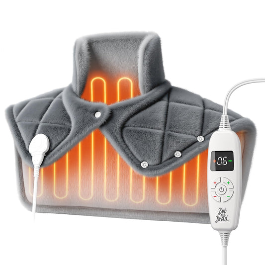 Bob and Brad weighted heating pad showing full neck-shoulder coverage for soothing warmth.