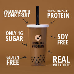 Boba Tea Protein coconut oil creamer close-up emphasizes creaminess and flavor balance.
