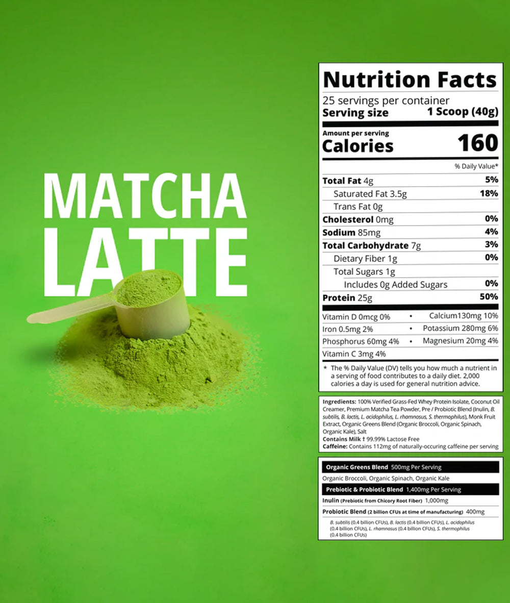 Measuring scoop beside Boba Tea Protein Matcha Latte enables easy portions.