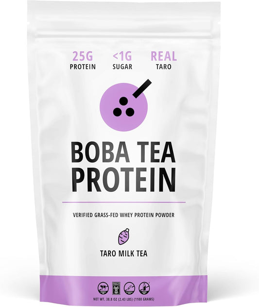 Boba Tea Protein taro milk bottle front label shows real ingredients for a protein-friendly drink.