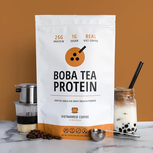 Boba Tea Protein ingredients close-up highlights grass-fed whey and natural flavors.
