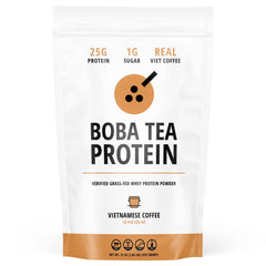 Boba Tea Protein Vietnamese Coffee tub shows bold roast and real ingredients for a smooth shake.